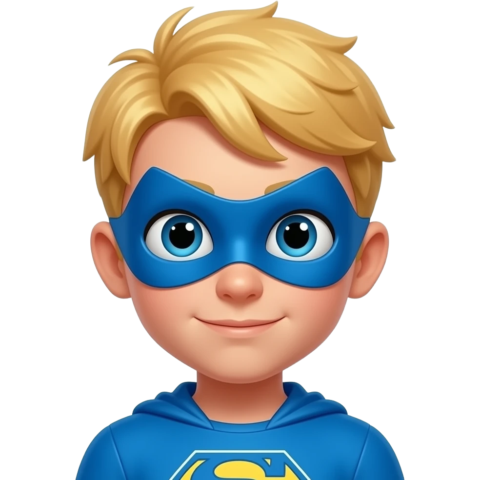 quiero que me hagas a una superheroina con el pelo rubio mascara azul i con un traje azul que sea un niño sin orejas emoji