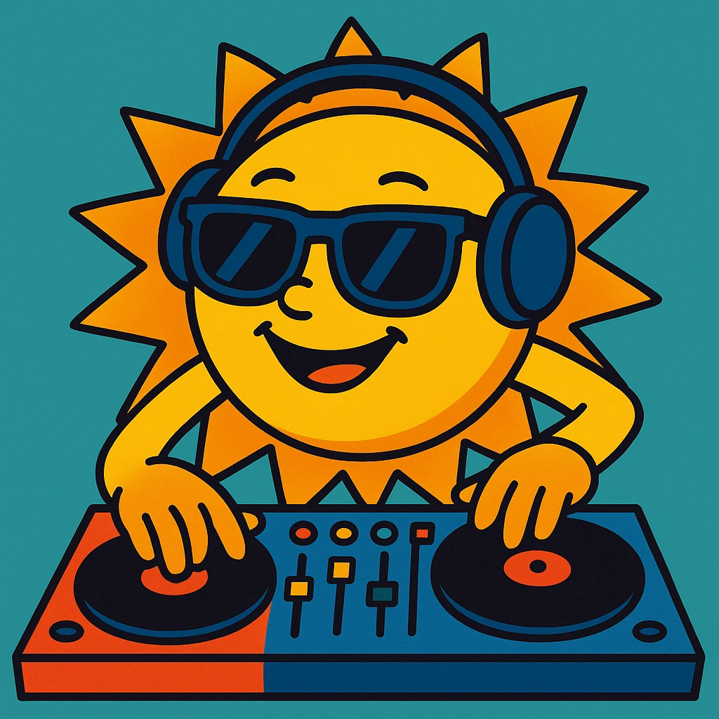 The Sun as a DJ, hands on a mixing board, big sunglasses, vibrant toon style emoji