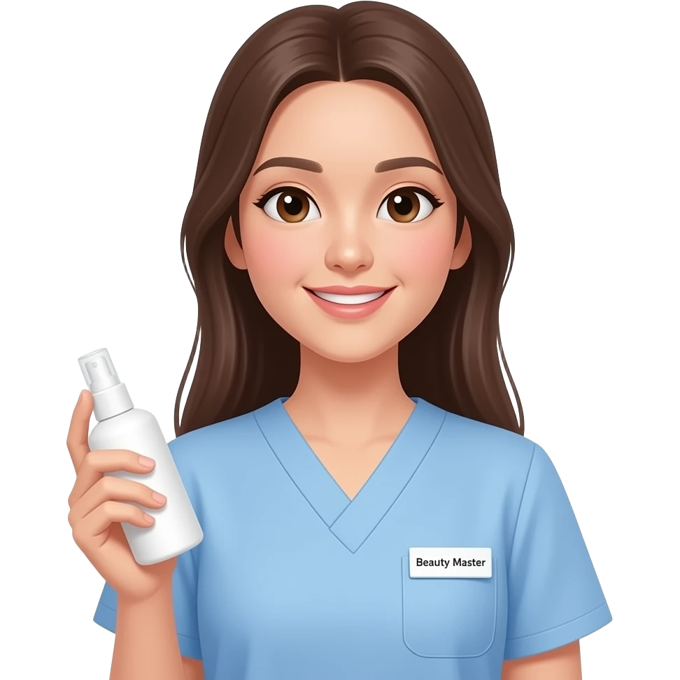 IOS emoji: asian, pretty girl with long brown straight hair in pastel blue scrubs, slight smile, brown eyes, holding middle white spray bottle without arts, name tag "Beauty Master". Pastel colors, clean vector, white background --ar 1:1 emoji