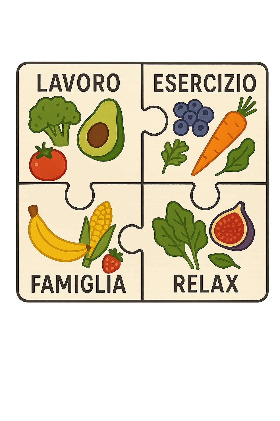 Puzzle (Lavoro, Esercizio, Famiglia, Relax), and healthy foods are integrated into each piece. in italiano emoji