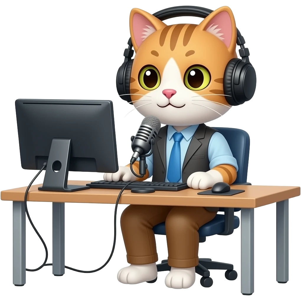 Napster kittyhead logo as the head on a cat podcaster sitting at desk with computer, microphone and headphones emoji