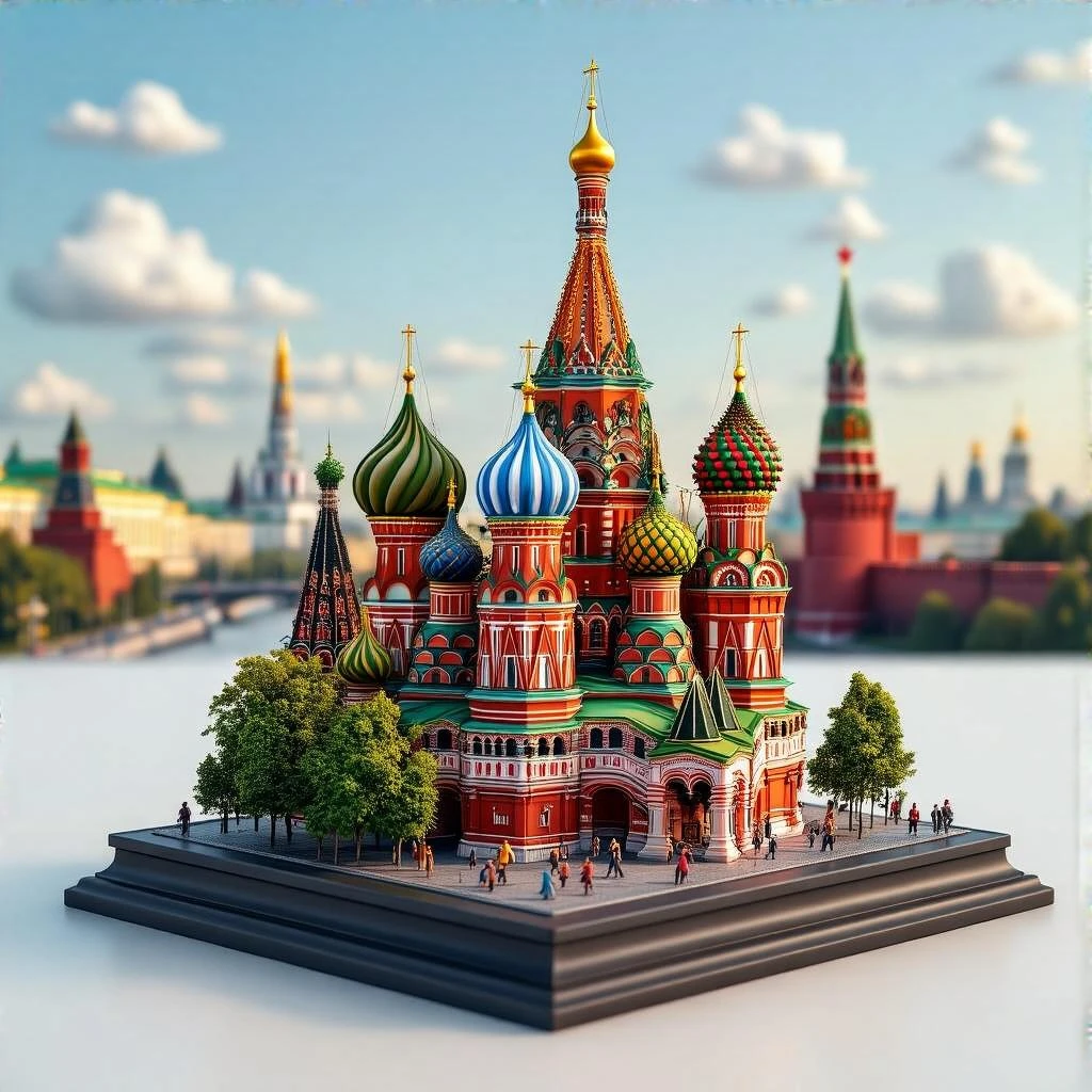 Изометричная миниатюрная 3D модель Москвы на подставке - фотореалистичный Кремль, собор Василия Блаженного, фотореалистичный Башни Москва-Сити, аккуратная детализация, яркие цвета, мультяшный реализм, гуляют люди и современный автотранспорт и метро, компактная композиция, вид сверху в изометрии emoji