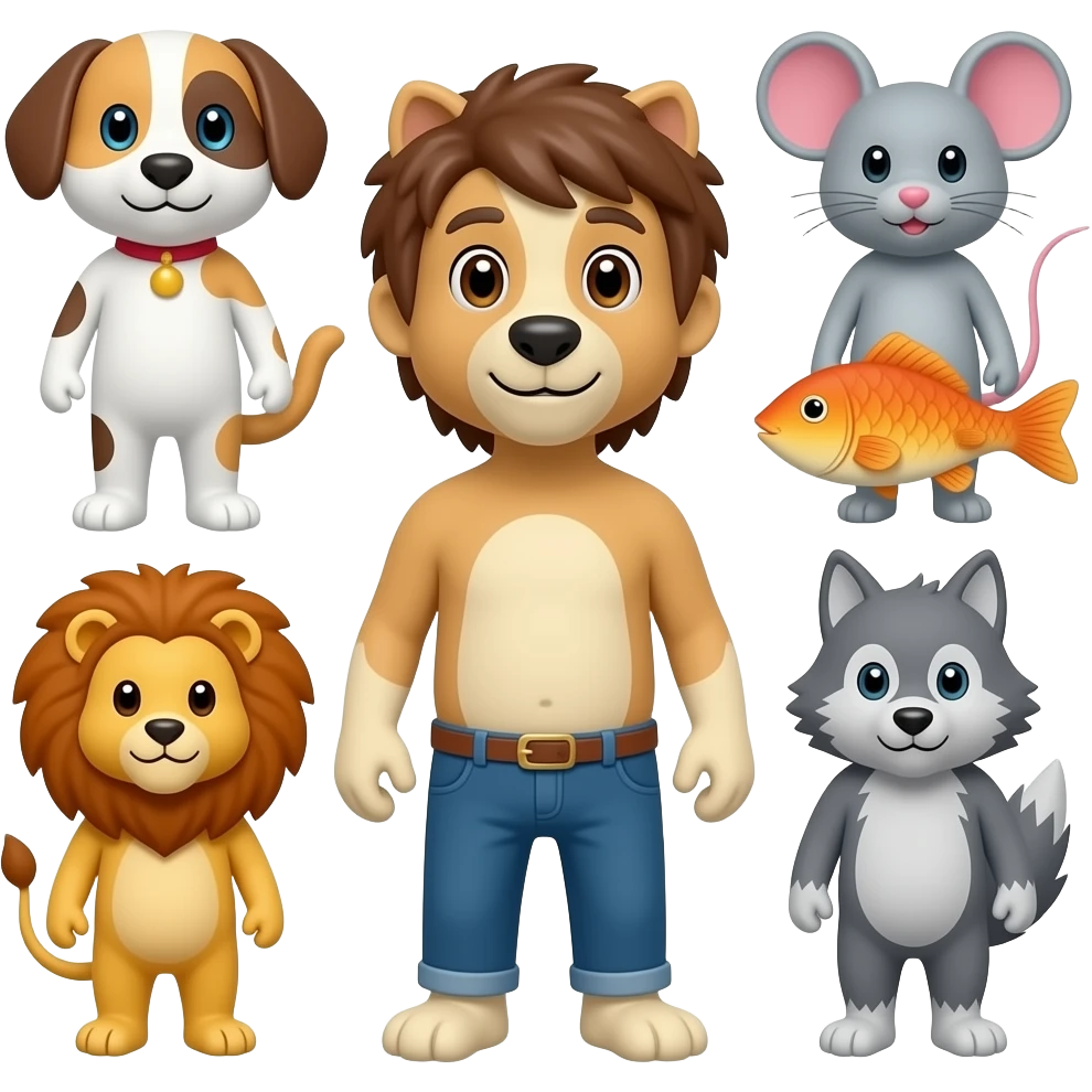 A cartoon figure standing up and looking at us, shaped like a mix of all these animals: a dog, a cat, a mouse, a lion, a fish, and a wolf. emoji