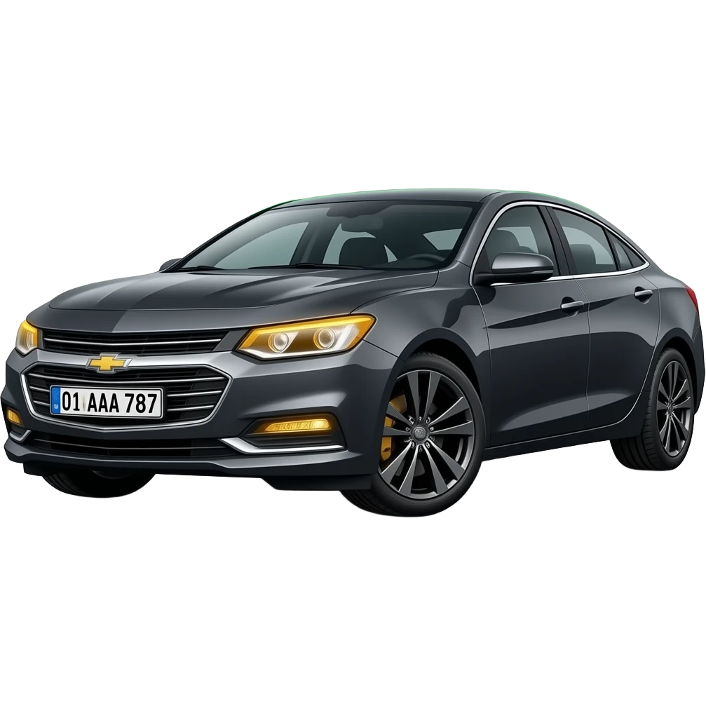 A realistic icon emoji of a metallic black sedan Chevrolet Malibu 2.0L Turbo Premier, front 3/4 view, dark charcoal tint windows, black alloy 5-spoke rims, Dynamic amber glow LED headlights with sharp laser-beam effect, uzbekistan flag region, number texts "01 | AAA 787" in plate emoji