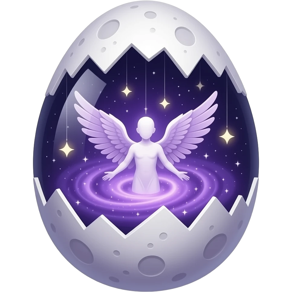 a moon‑born cosmic egg glowing with violet stardust, a winged spirit unfolding within a swirling nebula, tiny wandering lights suspended inside its shell, isolated object, transparent background emoji