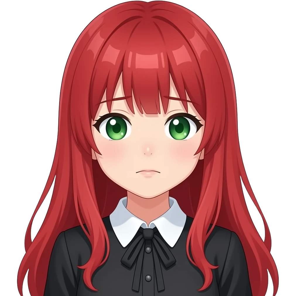 anime girl bashful long red hair green eyes black blouse with white collar emoji