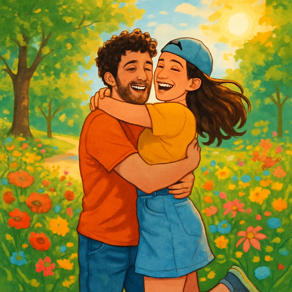 a couple hugging in a park, playful and colorful, bright and joyful atmosphere emoji