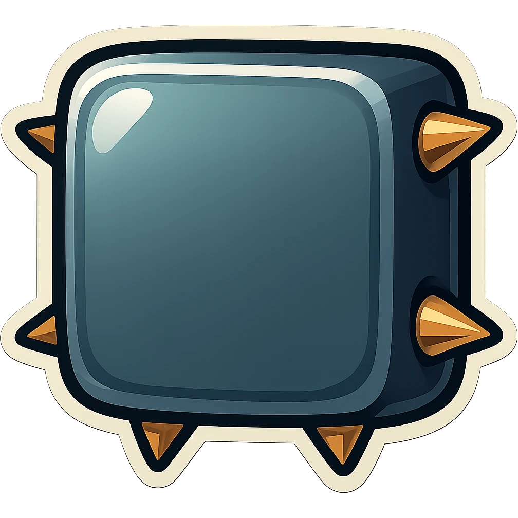 Replace the metallic rivets on the visible side edges with four short, fat spikes (one on each side), leaving the large 1x1 front face blank, in a retro sticker style. Keep the background transparent. emoji