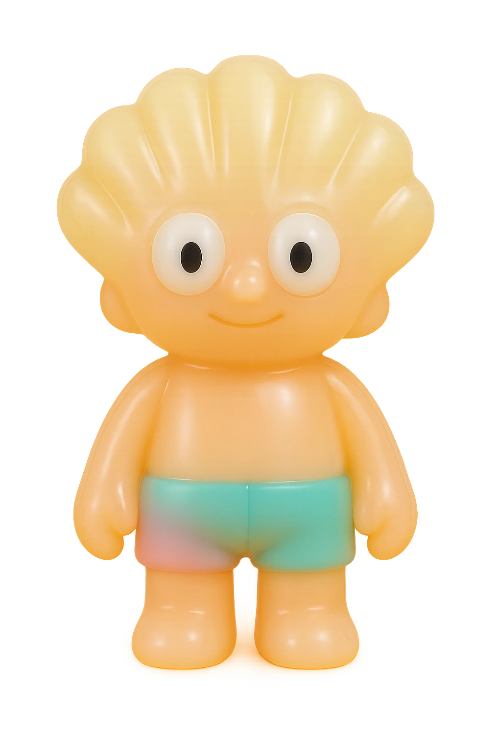 贝壳, retro 90's toy style, very transparent and slightly see-through, natural tan skin, blonde hair, colorful shorts, large white eyeballs with small black pupils, soft plastic texture, soft reflections, soft and squishy, some cloudiness, not shiny, highly detailed, appealing, no tag, no background emoji