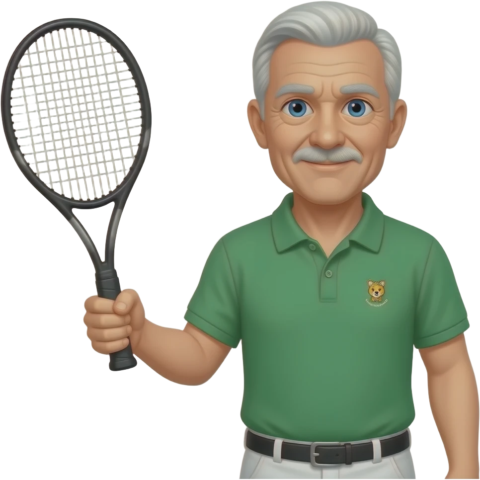 older man, no dimples in face, tennis racket in right hand, green bottle polo with small animal logo, blue eyes, little hair all over emoji