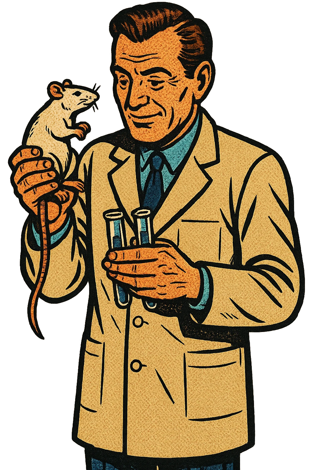 a full body of 1940s caring scientist holding a lab rat and test tubes emoji