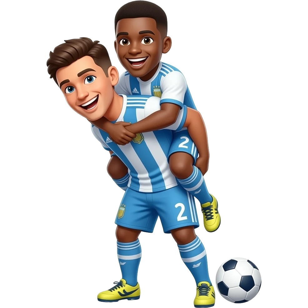 two soccer players, laughing, wearing a soccer kit. one of them carrying the other on their back, with a transparent background. emoji