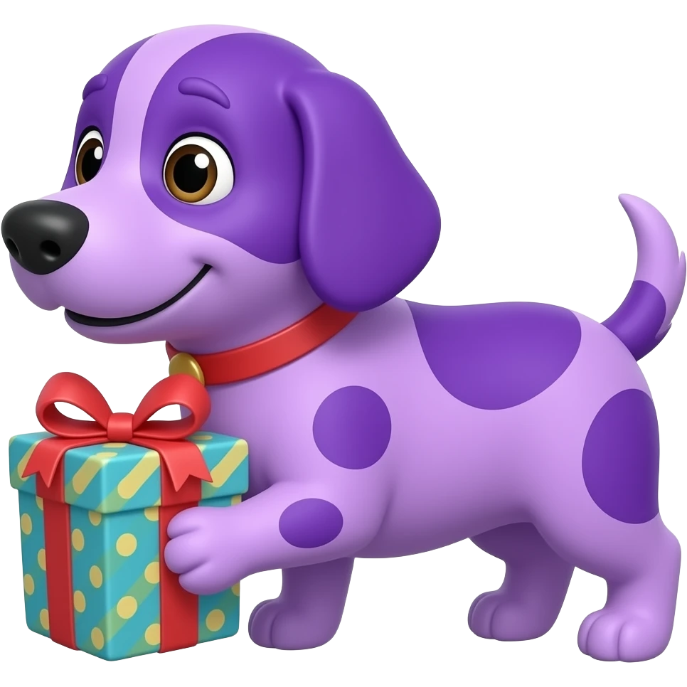 Perro morado dando un regalo estilo de frente emoji