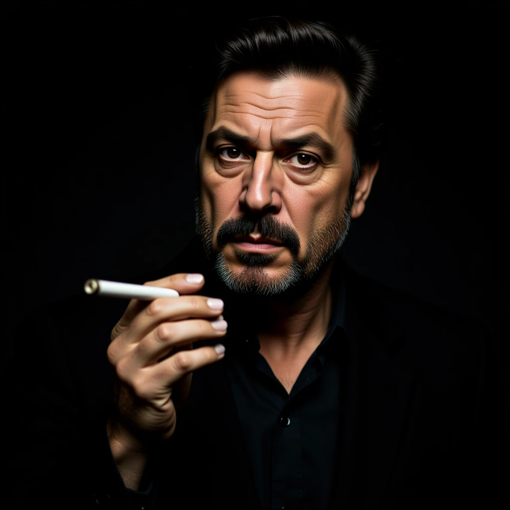 realistic portrait of a man inspired by Robert De Niro in Goodfellas, holding a cigarette, moody lighting, intense gaze emoji
