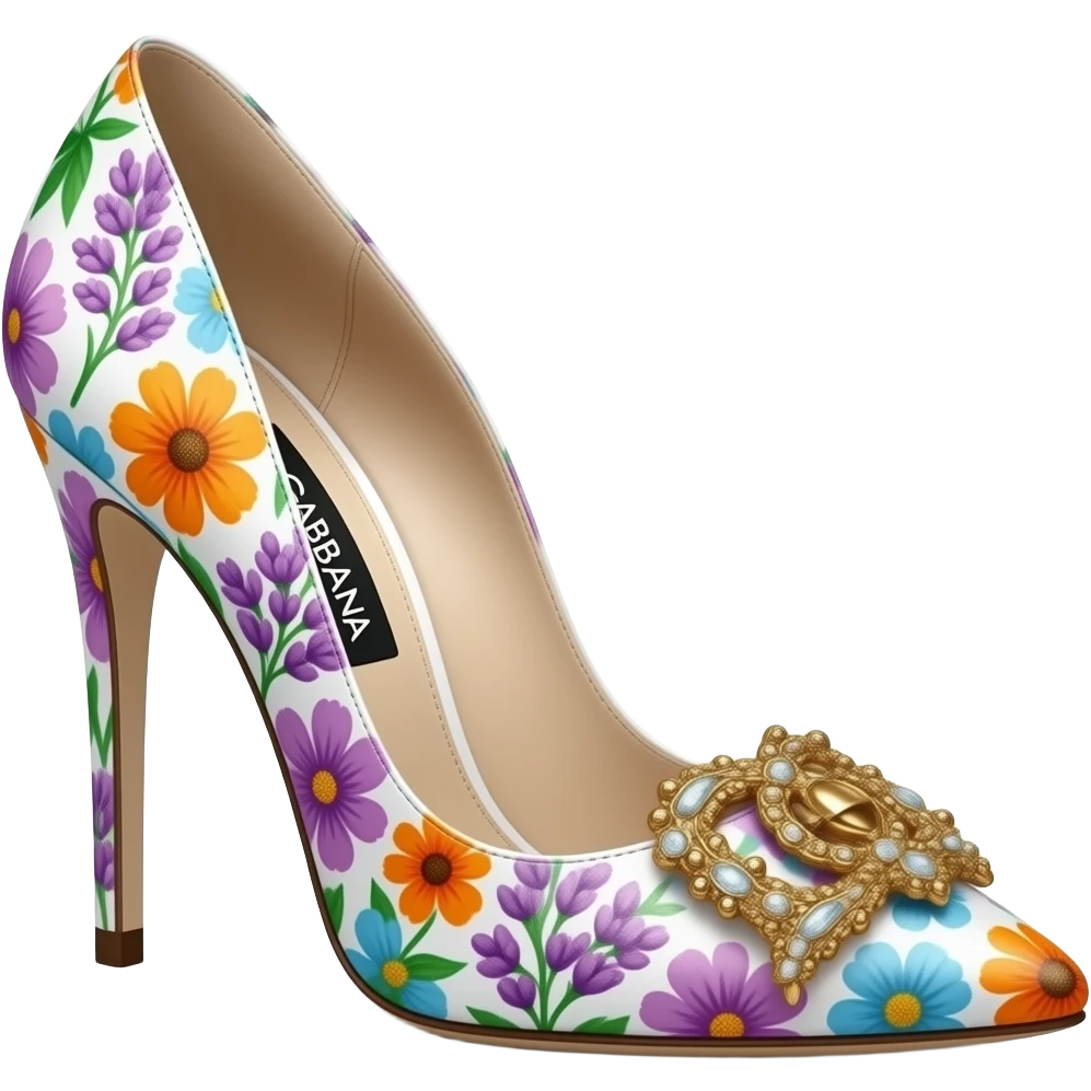 Dolce and Gabbana white high heels with colourful lavender light blue orange pink summer print and golden detais 2023 emoji