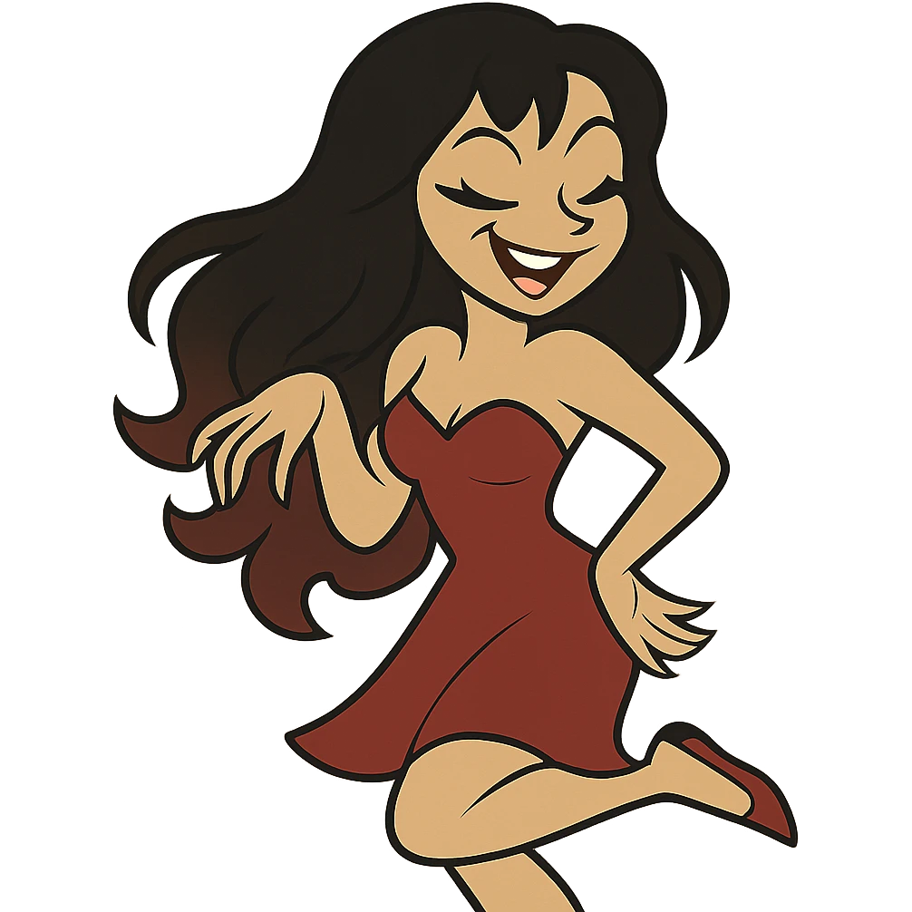 Add a red dress, remove ears, keep long black and red hair, keep the original style, no background. emoji