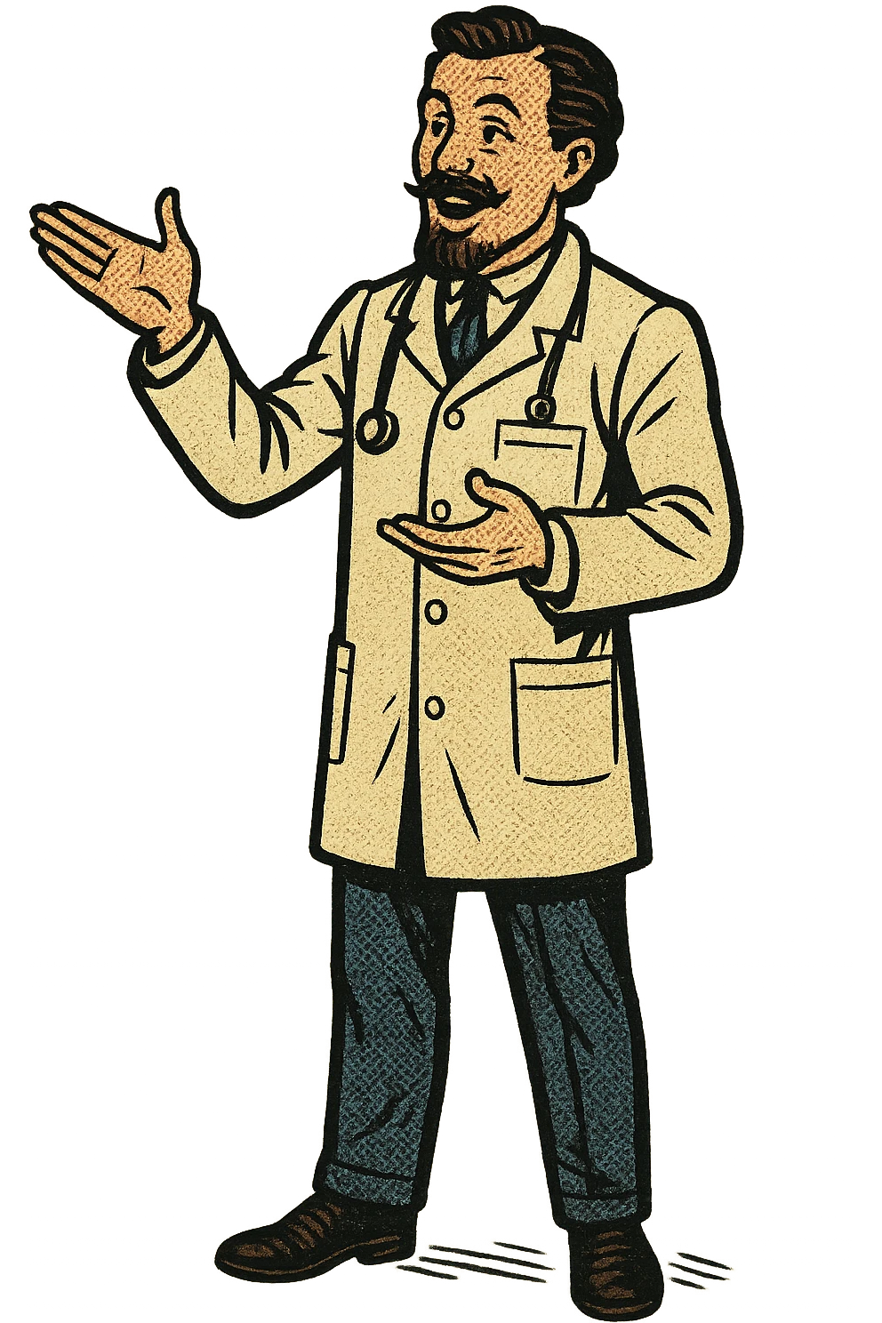 The full body of a doctor from the late 1800s presenting information emoji