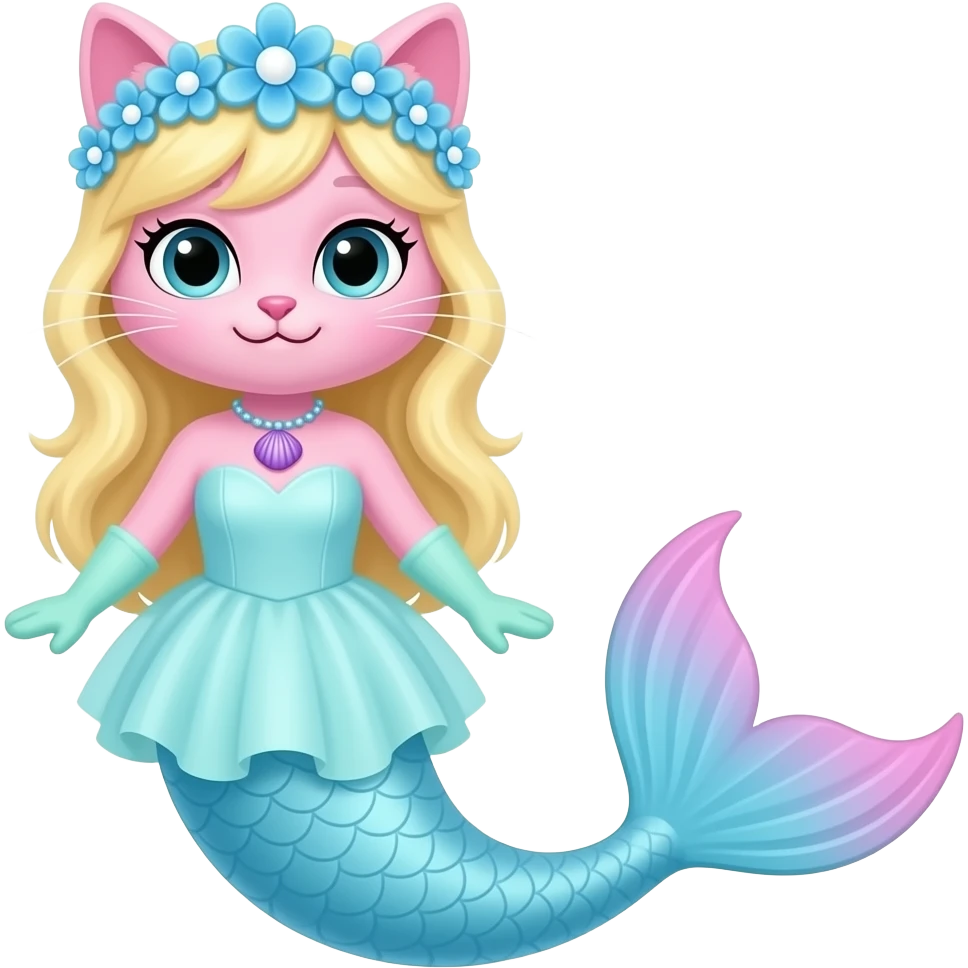 pink cat  with light yellow hair blue flower crown with light purple shell necklace light cyan dress attached to long light cyan mermaid tail with pink fins light green gloves emoji