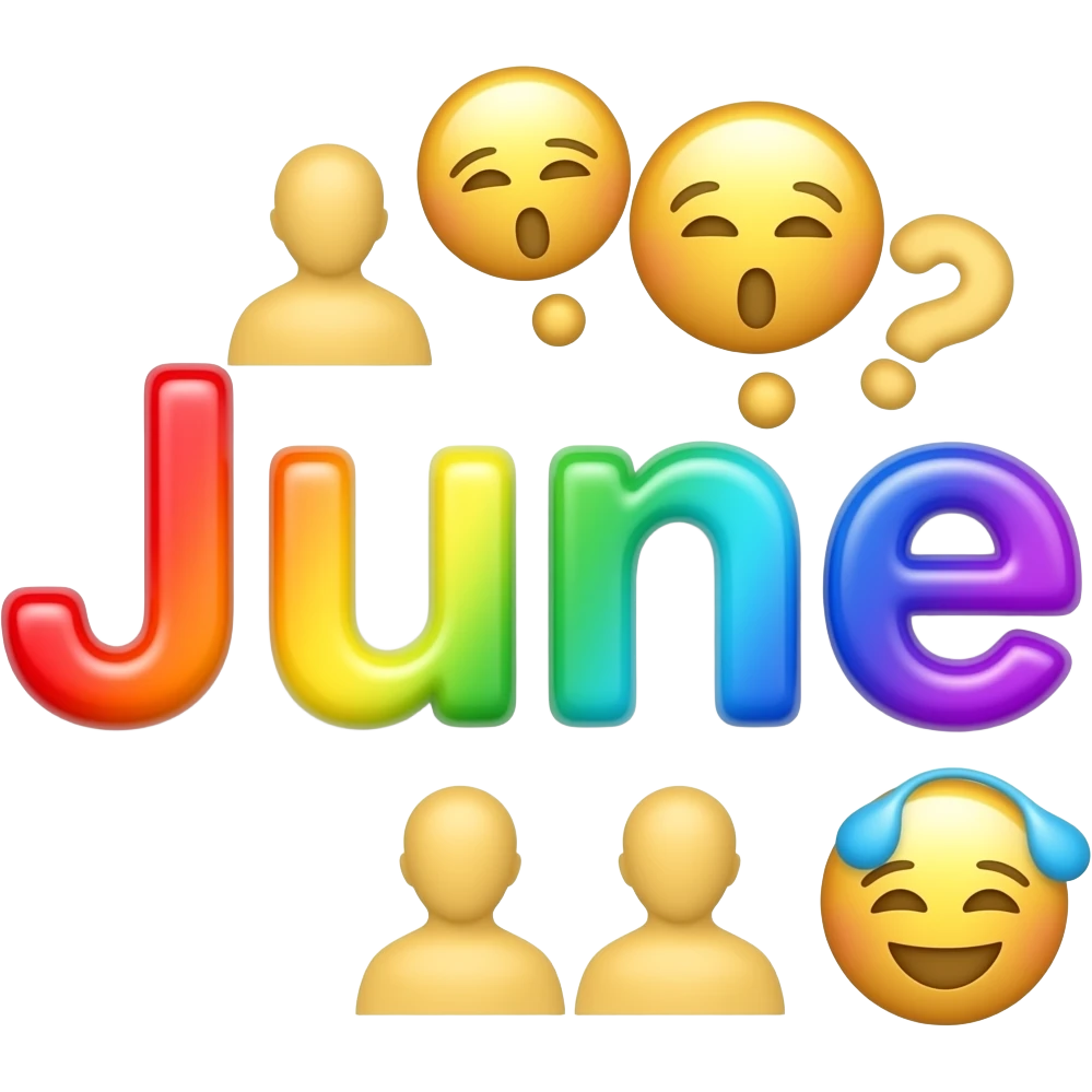 name "june" in yellow, 3D style typography lettering, each color of the rainbow as a border outlined around each letter, isolated, 3d rendering, no emoji icons no emoji faces and must have no human figures emoji