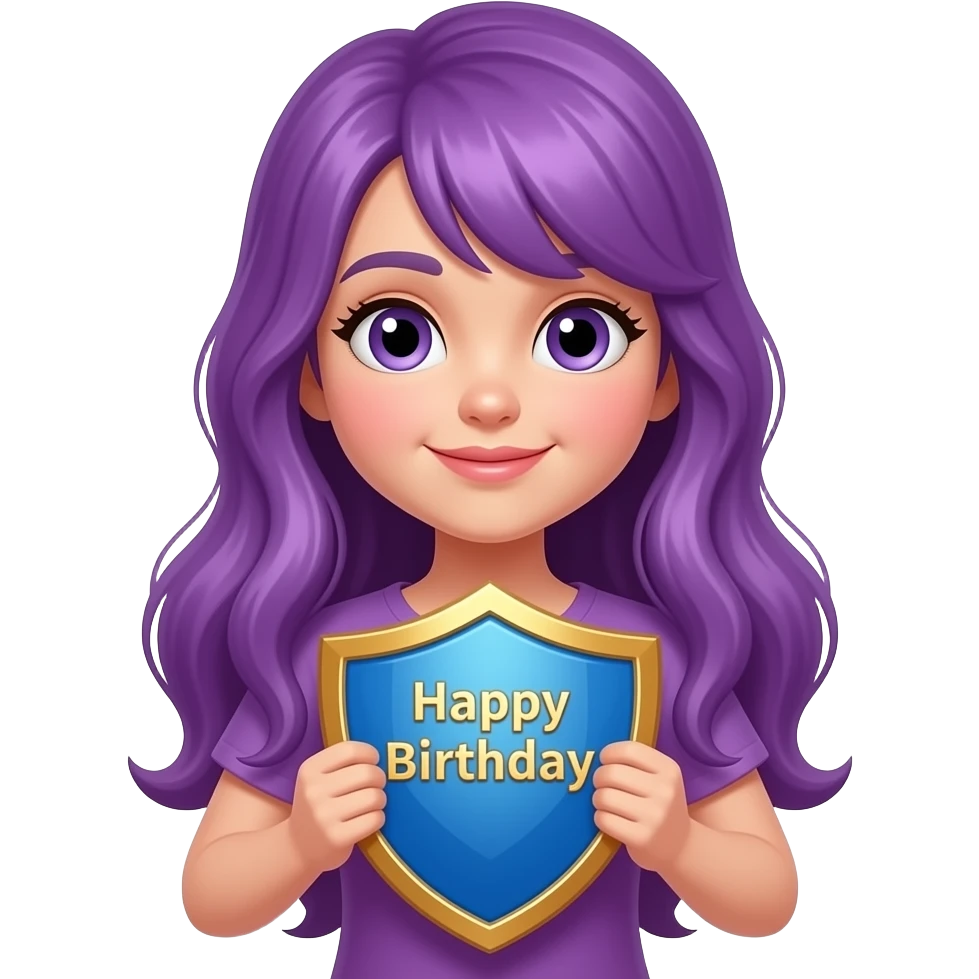 girl with long purple hair with happy birthday shield emoji