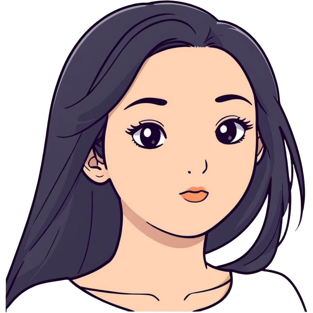 White girl with long oval shaped face, large almond shaped eyes with long eyelashes, long straight black hair falling in front of her bare shoulders, face closeup emoji