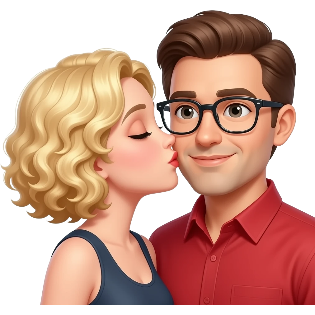 blonde tight curly bob kissing a man with brown hair with glasses in a red shirt emoji