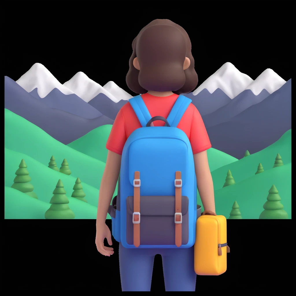 portrait of girl back packing mountains in background, close up pose emoji