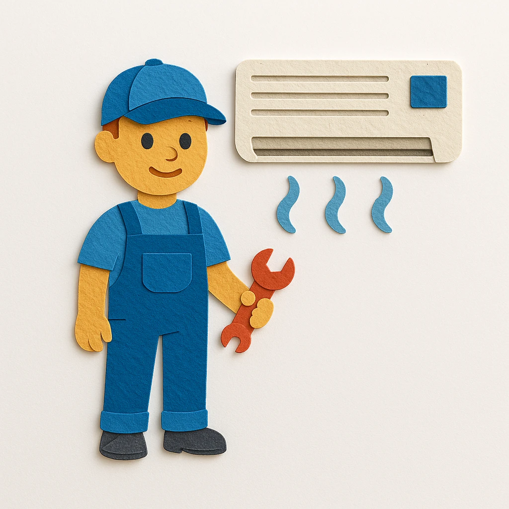 air conditioning technician standing next to air conditioner, playful, paper craft style emoji