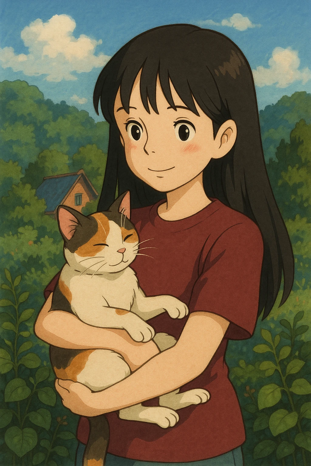 cute girl with straight long black hair, wearing a maroon shirt, carrying a cat, charming illustration style emoji