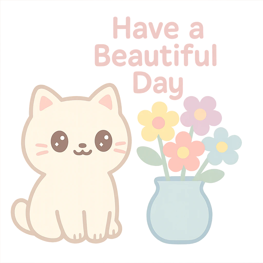 A cheerful cat sitting next to a vase filled with colorful flowers, with the text "Have a Beautiful Day". The image should convey happiness and positivity. emoji
