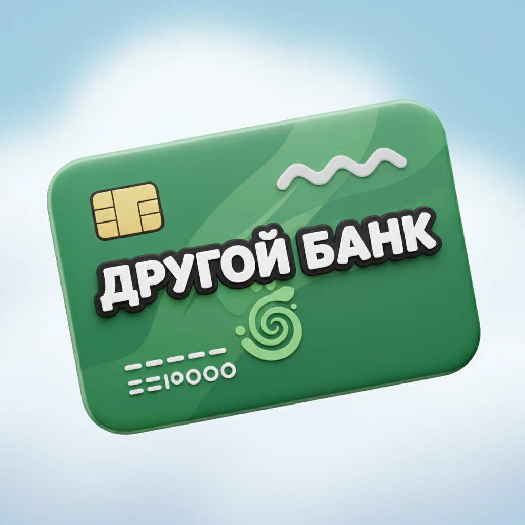 Используя слегка мультяшную, но при этом объемную стилистику cгенерируй кредитную карту на которой написано ДРУГОЙ БАНК, цвет карты зеленый emoji