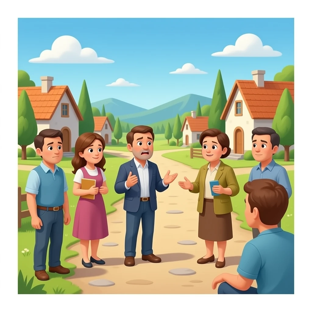 quiero un pueblo que salgan personas hablando entre ellas y una de ellas diga:que es lo que se escucha?todo esto lo quiero en ingles.que sea realista y la persona que dice eso que este asustadapero que hablen emoji