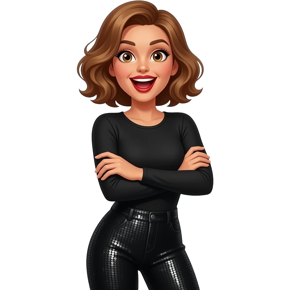 glamours,-tanned,-very-beautiful-woman-with-big-plump-red-lips,-long-long-lashes,-honey-silky-very short- hair,-wavy-hair,-hazel-eyes- wearing-black-Long-sleeved-bodysuit-and-black-sequinned-pants-eyes-wide-open-mouth-open wide-arms-crossed-throwing head back-waist-up emoji