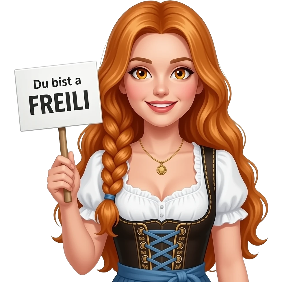sexy girl with overlong ginger hair in braids and ginger eyes wearing a dirndl holding a Du bist a FREILI sign emoji