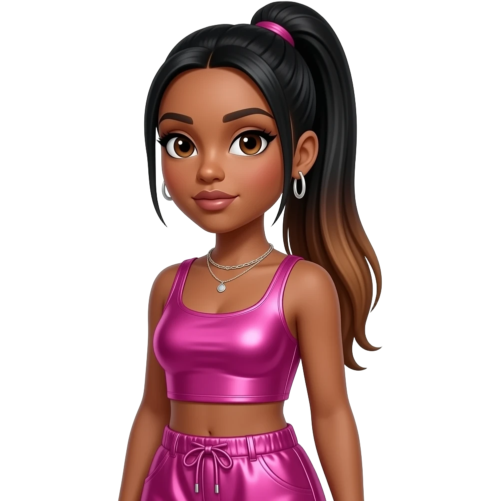 Brandi Williams from Blaque with dark brown eyes, long black straight high ponytail hair with dark brown ombre, hot pink metallic crop top, hot pink metallic baggy pants, necklace and earrings emoji