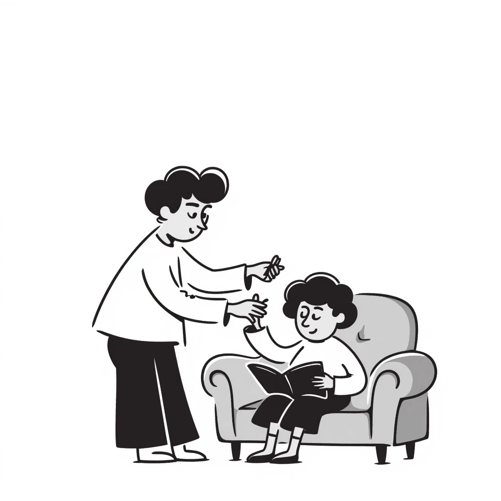 An elderly man combing the hair of an elderly woman sitting on a sofa reading a book emoji