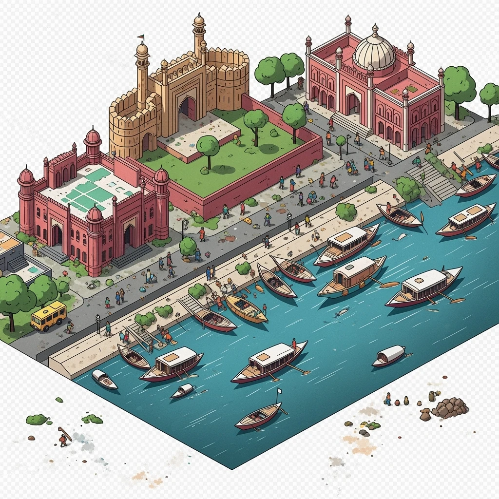Isometric minimalistic illustration of Dhaka – Lalbagh Fort, Ahsan Manzil, bustling river boats, dirty colorful streets, subtle 3D miniature effect and Tilt Shift effect, no cartoonish look, transparent background. emoji