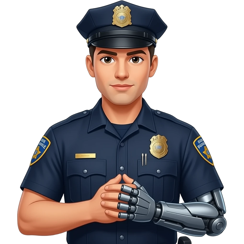police bionic arm man, both hands folded closeup emoji