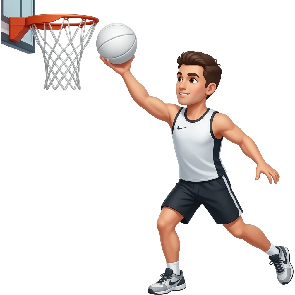 create a man throwing a ball into a basket ball net but with no back board so just the net. She is wearing a sports vest and shorts. The ball needs to be white, like a netball. Remove the board, only show the man ,and the basket. remove the backboard emoji