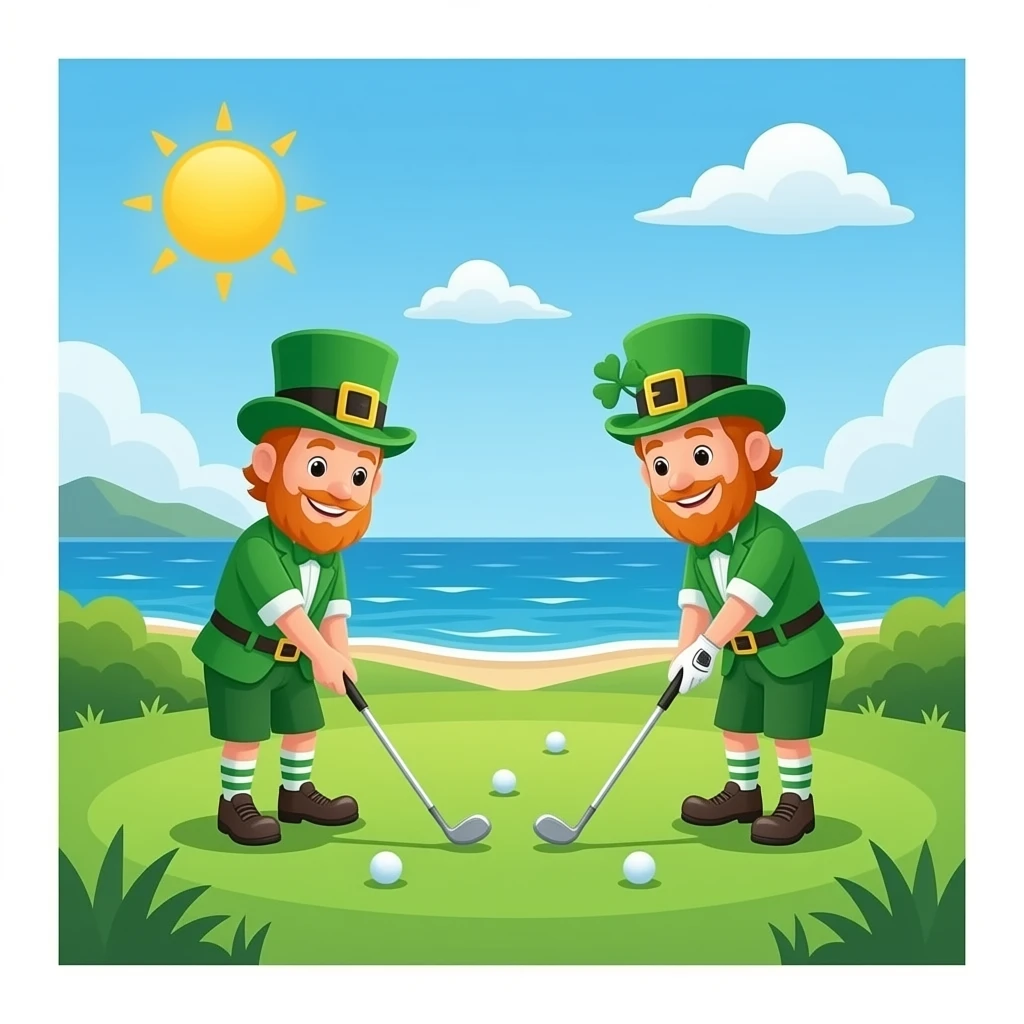 Drunk leprechauns playing golf by ocean emoji