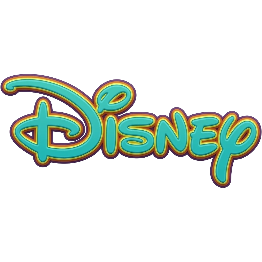 name "disney" in bright blue teal green 3D style typography lettering, each color of the rainbow as a border outlined around each letter, isolated, 3d rendering, no emoji icons no emoji faces and must have no human figures emoji