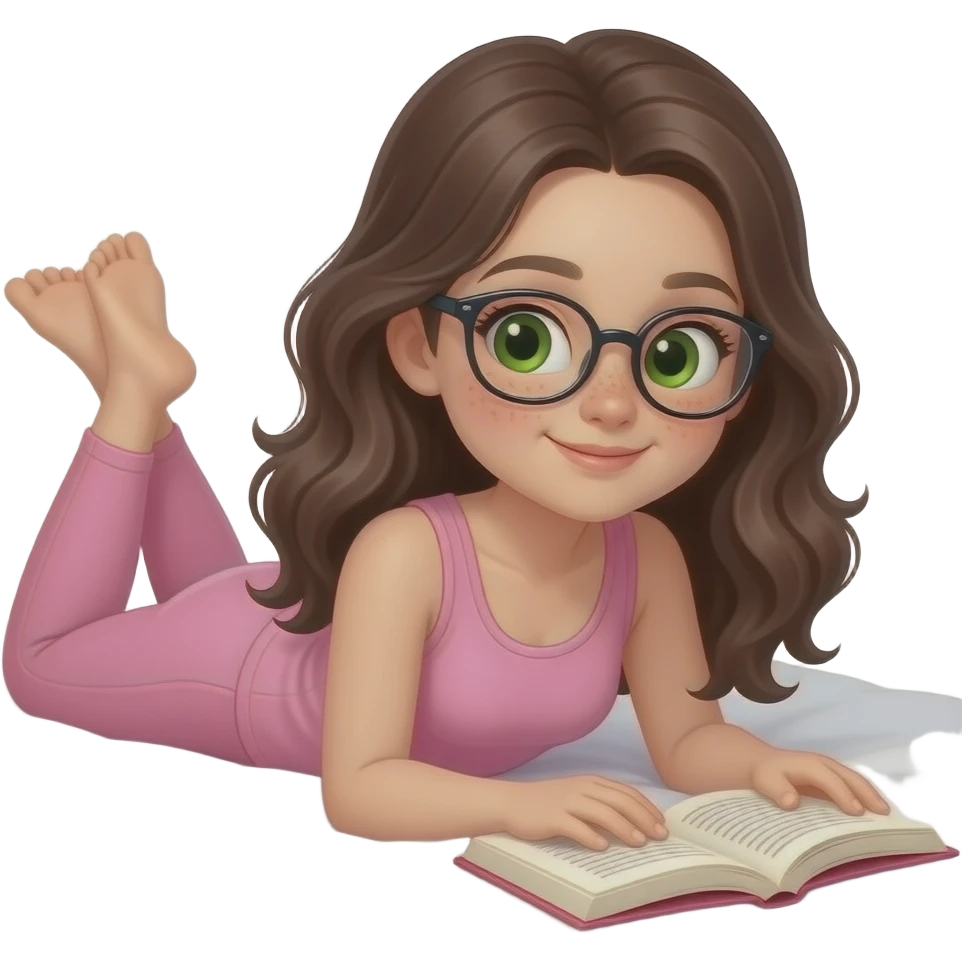 young girl in the style of iphone emoji people, fair skin, green eyes, glasses, freckles,long dark brown wavy hair, pink tank top and pink leggings, looking at book and lies on the bed emoji