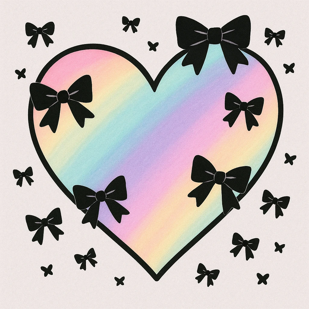 pastel goth heart with pastel rainbows and black bows emoji