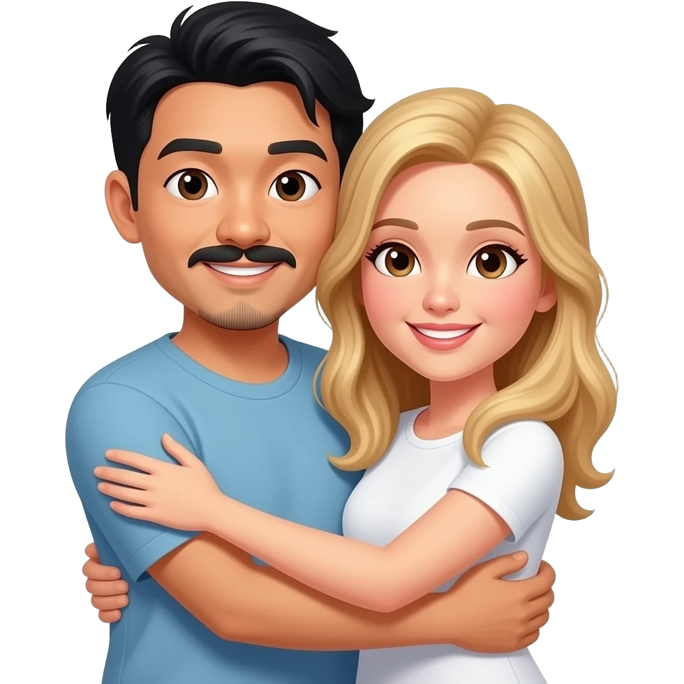 asian men with moustache and a goatee and white woman with blond hair brown eye hug emoji