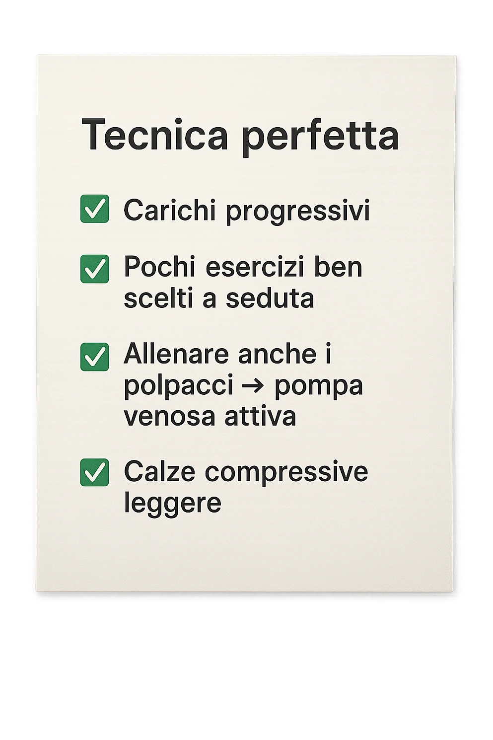 FOGLIO DI CARTA PER L'ALLENAMENTO IN PALESTRA CON LA SCRITTA "Tecnica perfetta
 ✅ Carichi progressivi
 ✅ Pochi esercizi ben scelti a seduta
 ✅ Allenare anche i polpacci → pompa venosa attiva
 ✅ Calze compressive leggere" , IPERREALISTICA 4K emoji