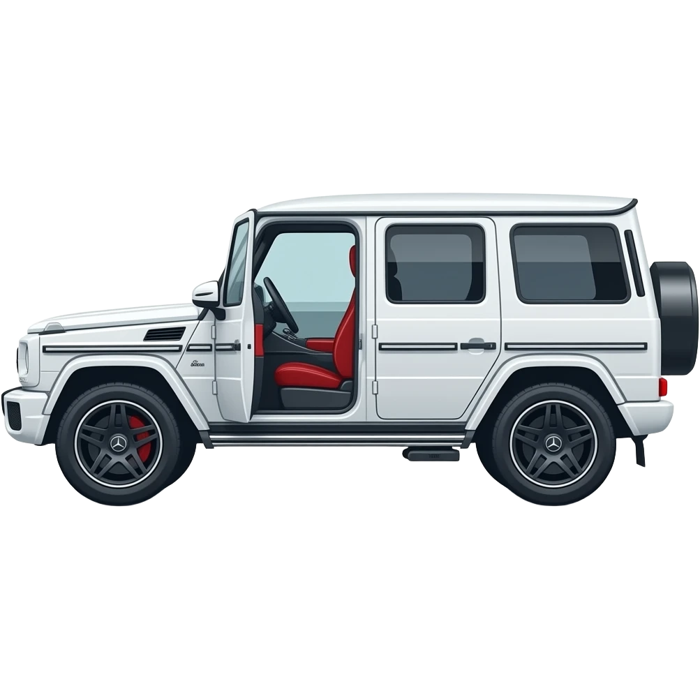 White 2025 Mercedes Benz G-Wagon truck side view with door open and red interior emoji
