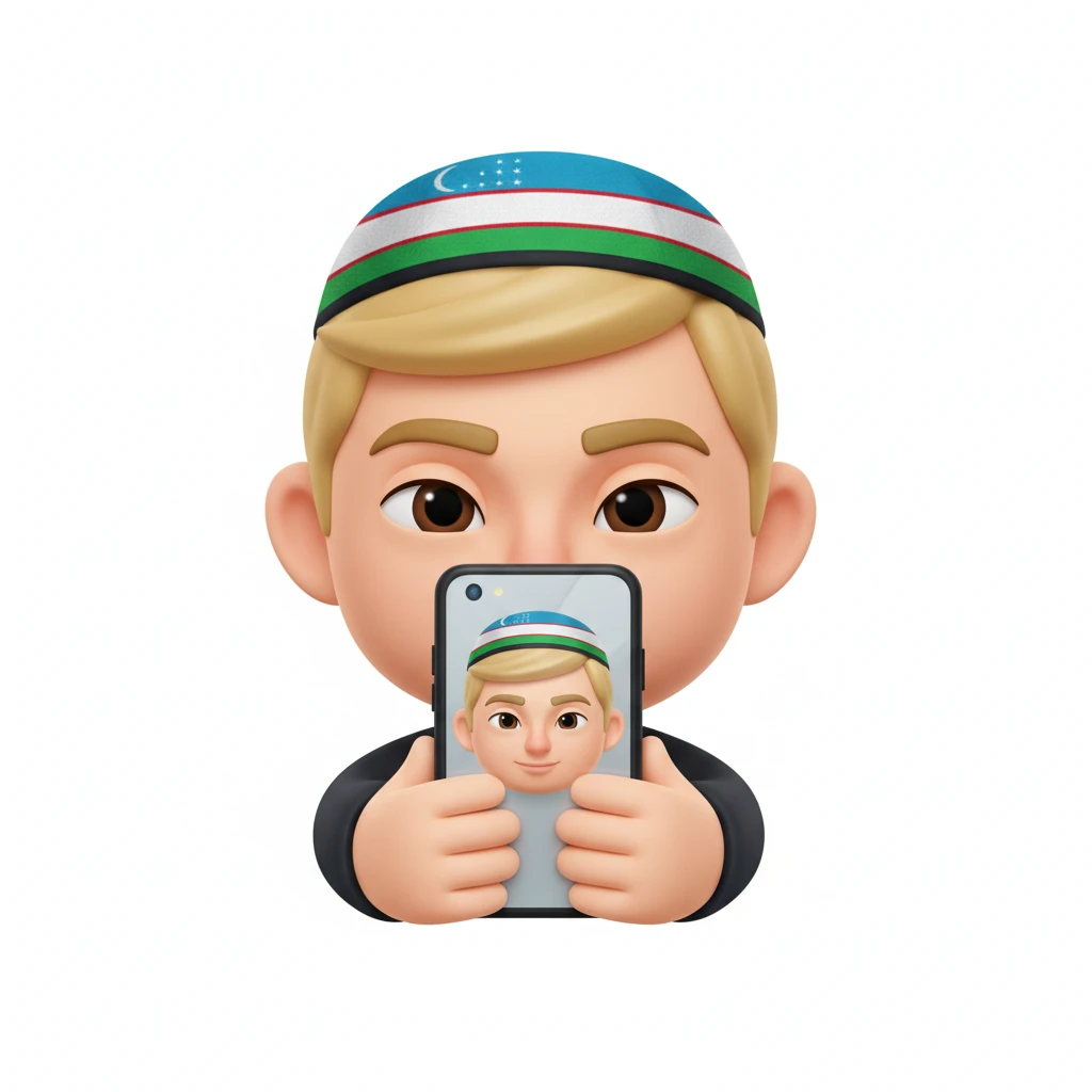 нарисуй эмоджи человека блондина  фотографирующего себя на телефон, эмоджи сделай более реалистичной, на голове должна быть узбекская тюбетейка в цветах узбекского флага, обрати внимание на глаза и количество пальцев у человека, без фона emoji