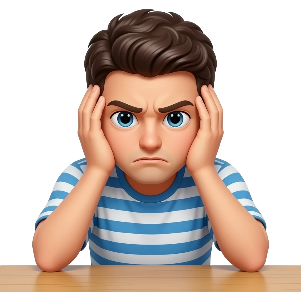 annyoyed young person sitting on a table, head in the hands  on the table emoji