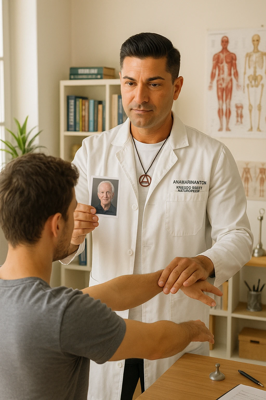 a middle-aged man, dressed in casual professional attire, is in a bright, organized therapy studio. Durante una visita di kinesiologia, il ragazzo tiene con una mano la foto di una persona lontana (il “testimone”) tiene la foto in mano, mentre con l’altra mano esegue un test muscolare su un cliente presente senza foto lui non tiene la foto. Sullo sfondo si vedono libri di kinesiologia, poster anatomici e strumenti tipici della disciplina. L’atmosfera è concentrata e serena, con luce naturale che entra dalla finestra, sottolineando l’aspetto alternativo e umano della pratica. emoji