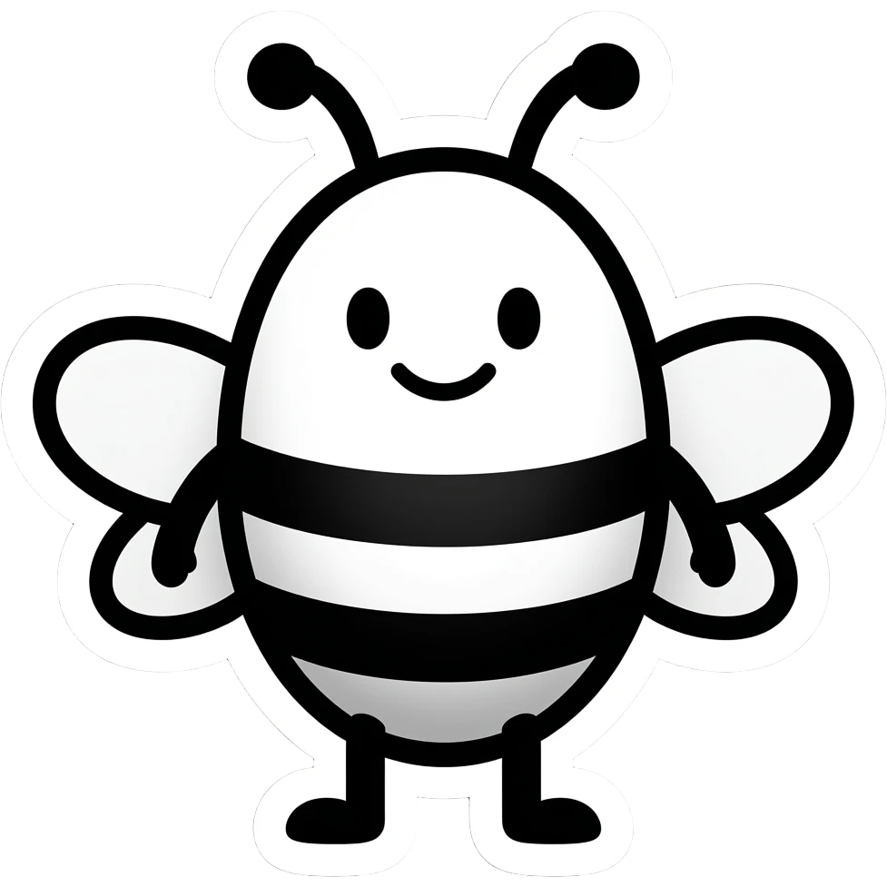 minimal bee mascot, simple oval body, smiling with small curved line, dot eyes, ultra minimal black and white, bold outline, white sticker border emoji